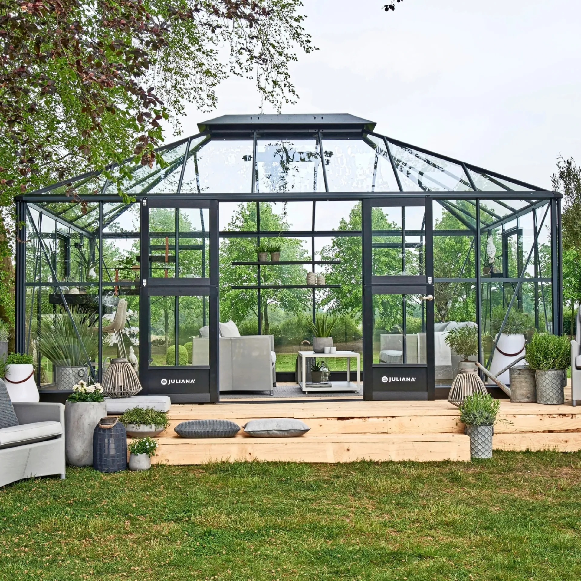 Juliana Orangerier > GRAND OASE ORANGERI 3 MM HÆRDET GLAS HELE BANER ANTRACIT 18,8 M2