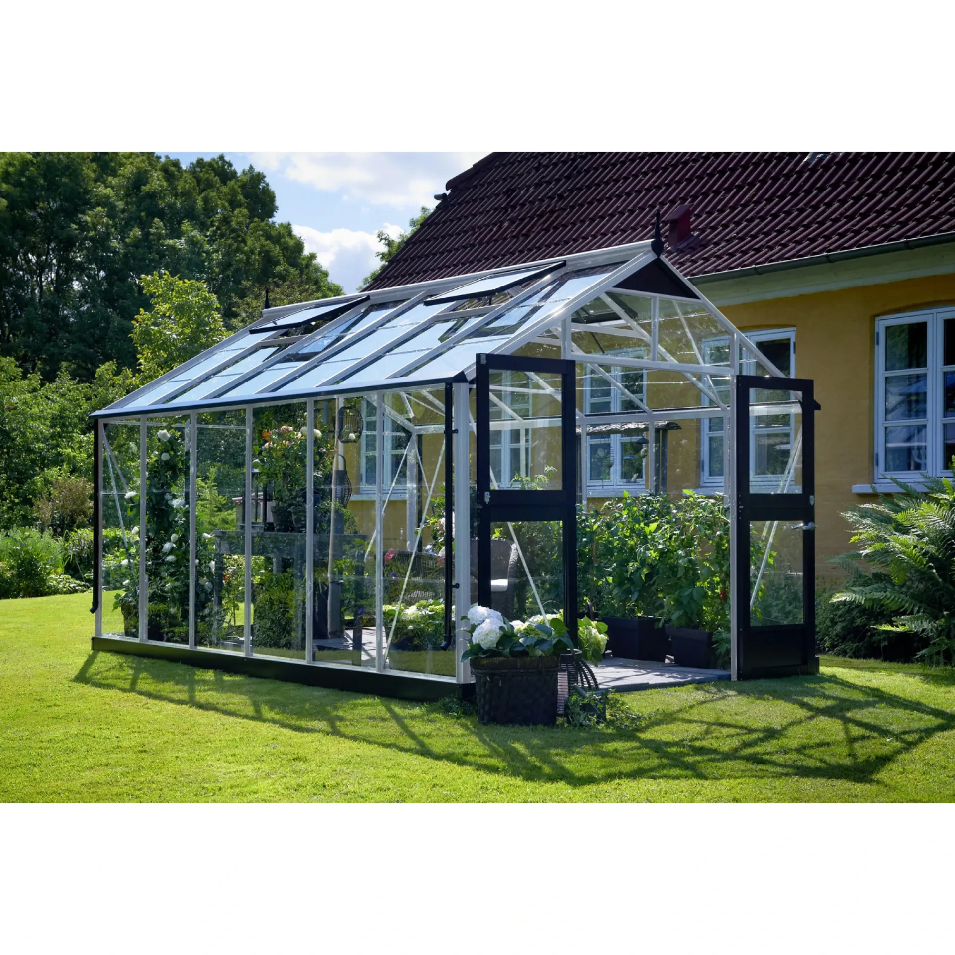 Juliana Drivhuse > PREMIUM EKSKL. SOKKEL DRIVHUS 3 MM HÆRDET GLAS HELE BANER ALU 13 M²