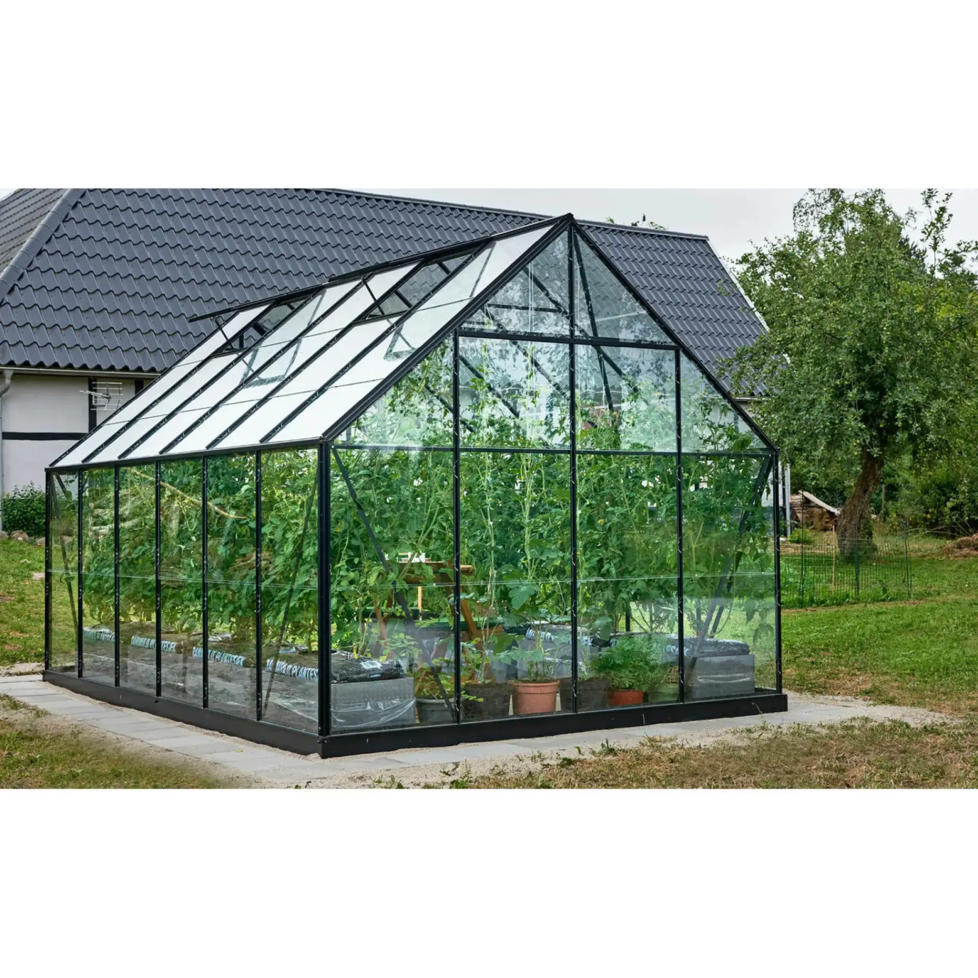 Outrium Drivhuse > DRIVHUS INKL. SOKKEL 3 MM DELT GLAS SORT 9,9 M2